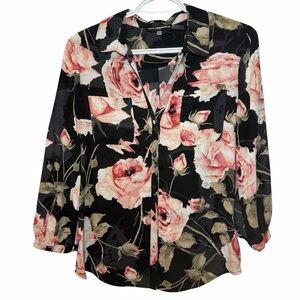 Karl Lagerfeld Beautiful Black and Pink Floral Rose Blouse SP Office Casual